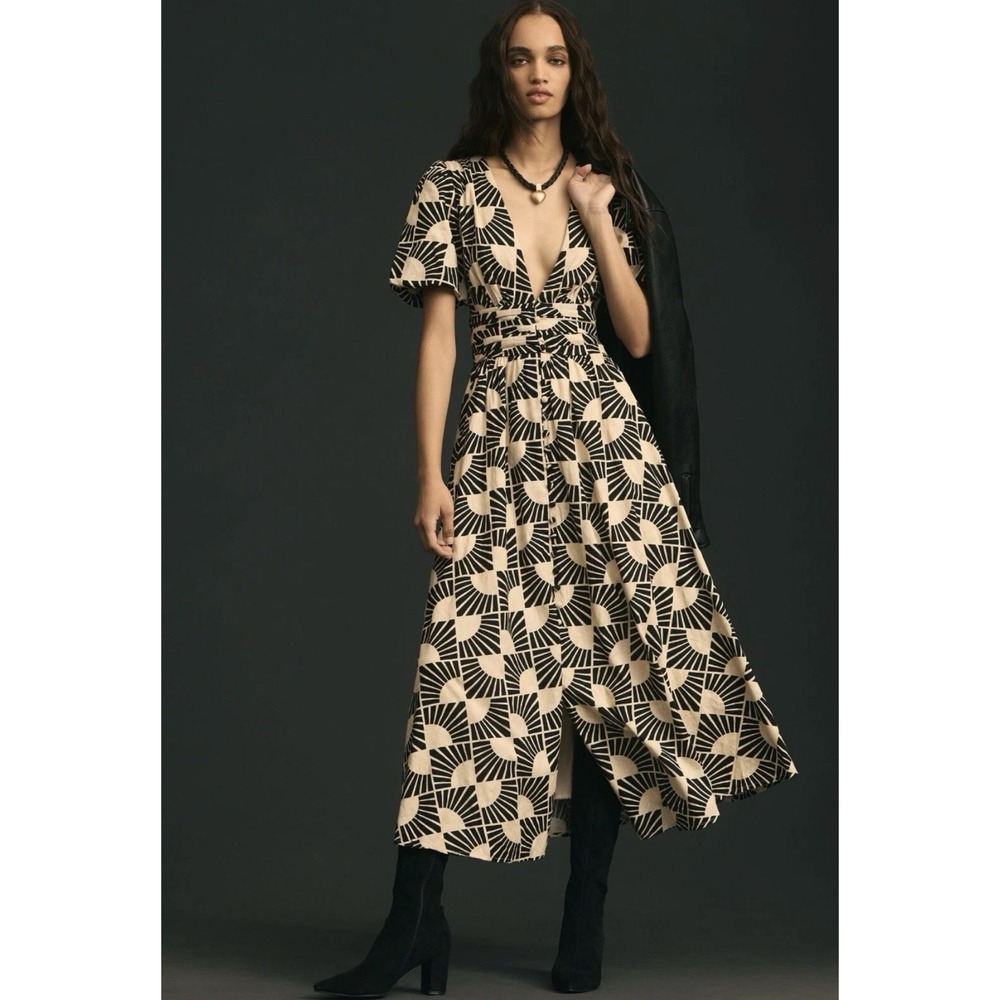 Anthropologie Katerina V-Neck Puff Sleeve Midi Dress in Neutral Pattern Size XXS